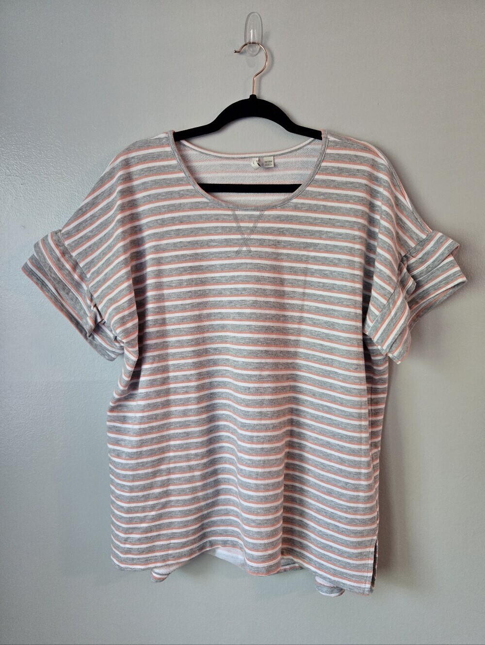 (3/$25) Cato Striped Short Sleeve Top Gray Pink Ruffle Sleeve Size 18/20W